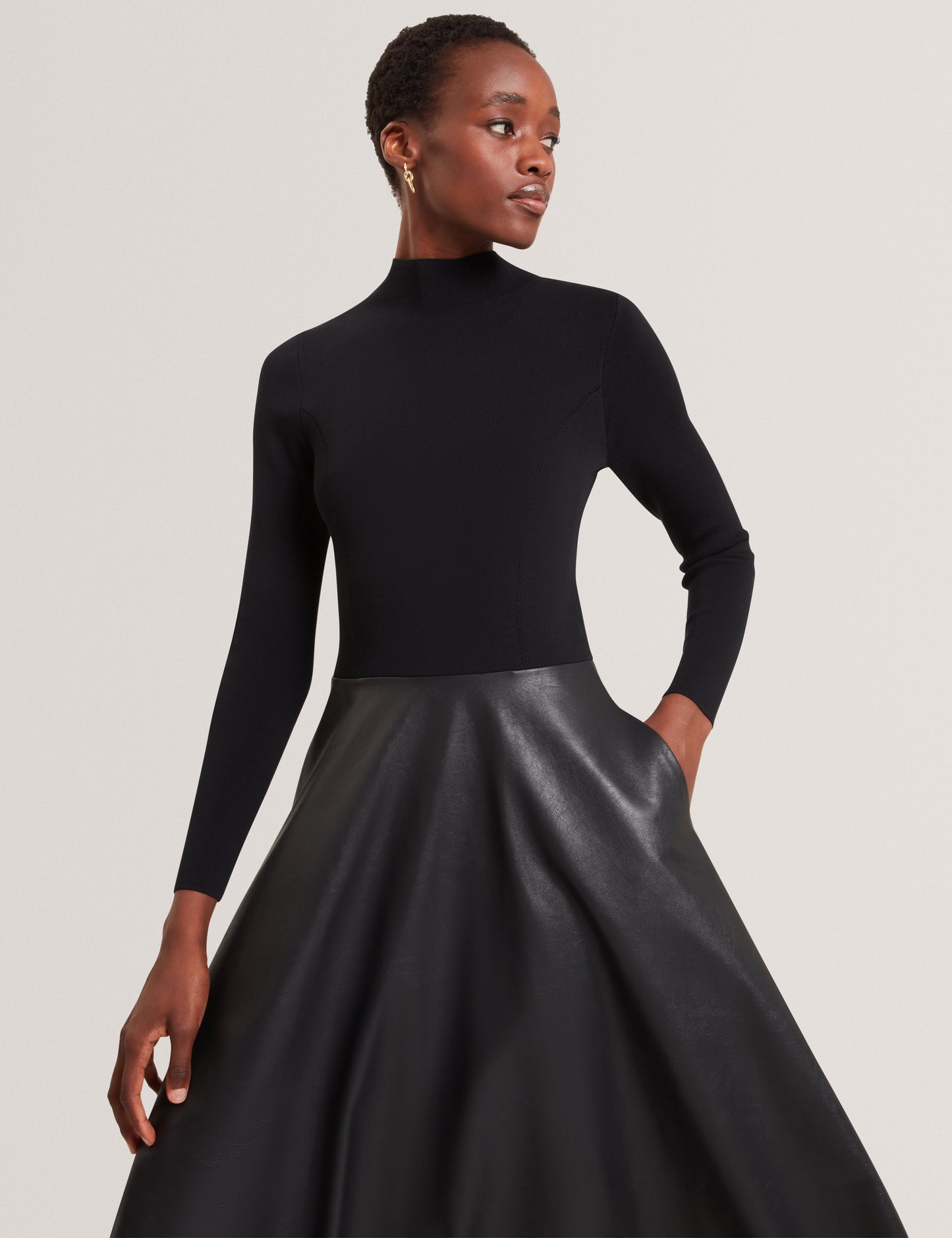 NOVIVA: Midi Dress With Faux Leather Skirt