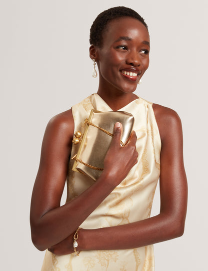 SYLVIII: Rose Detail Leather Metallic Clutch Bag