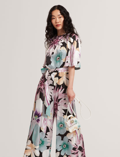 SUNSHI: Printed Drape Neck Detail Wide Leg Jumps