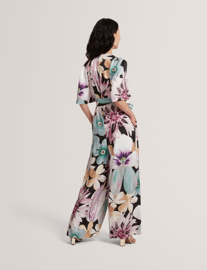SUNSHI: Printed Drape Neck Detail Wide Leg Jumps