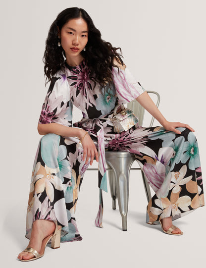 SUNSHI: Printed Drape Neck Detail Wide Leg Jumps