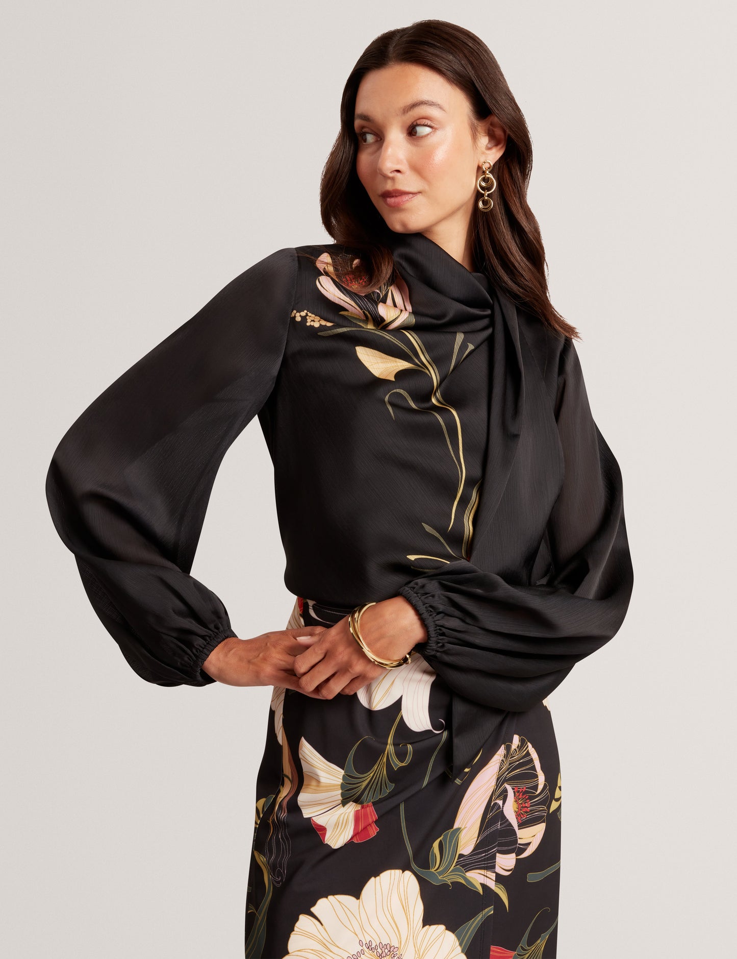 ORTUGA: Neck Tie Printed Long Sleeve Top
