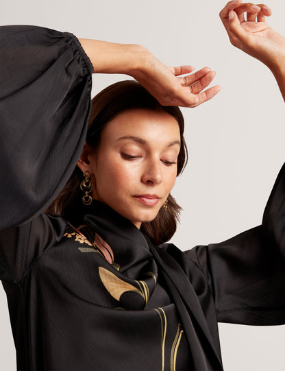 ORTUGA: Neck Tie Printed Long Sleeve Top