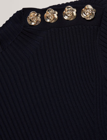 Women's LILANO-Ribbed Knit Button Detail Skater Dress Navy