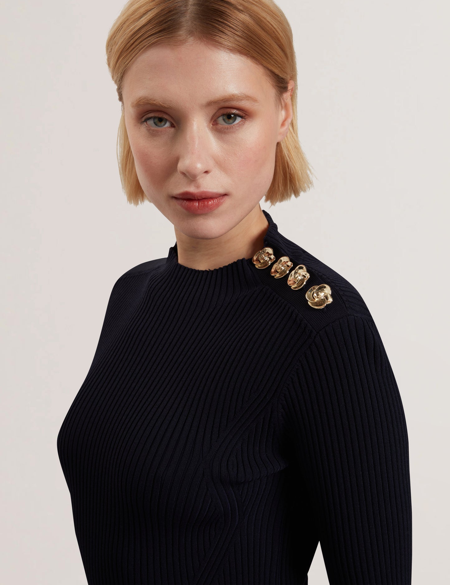 Women's LILANO-Ribbed Knit Button Detail Skater Dress Navy