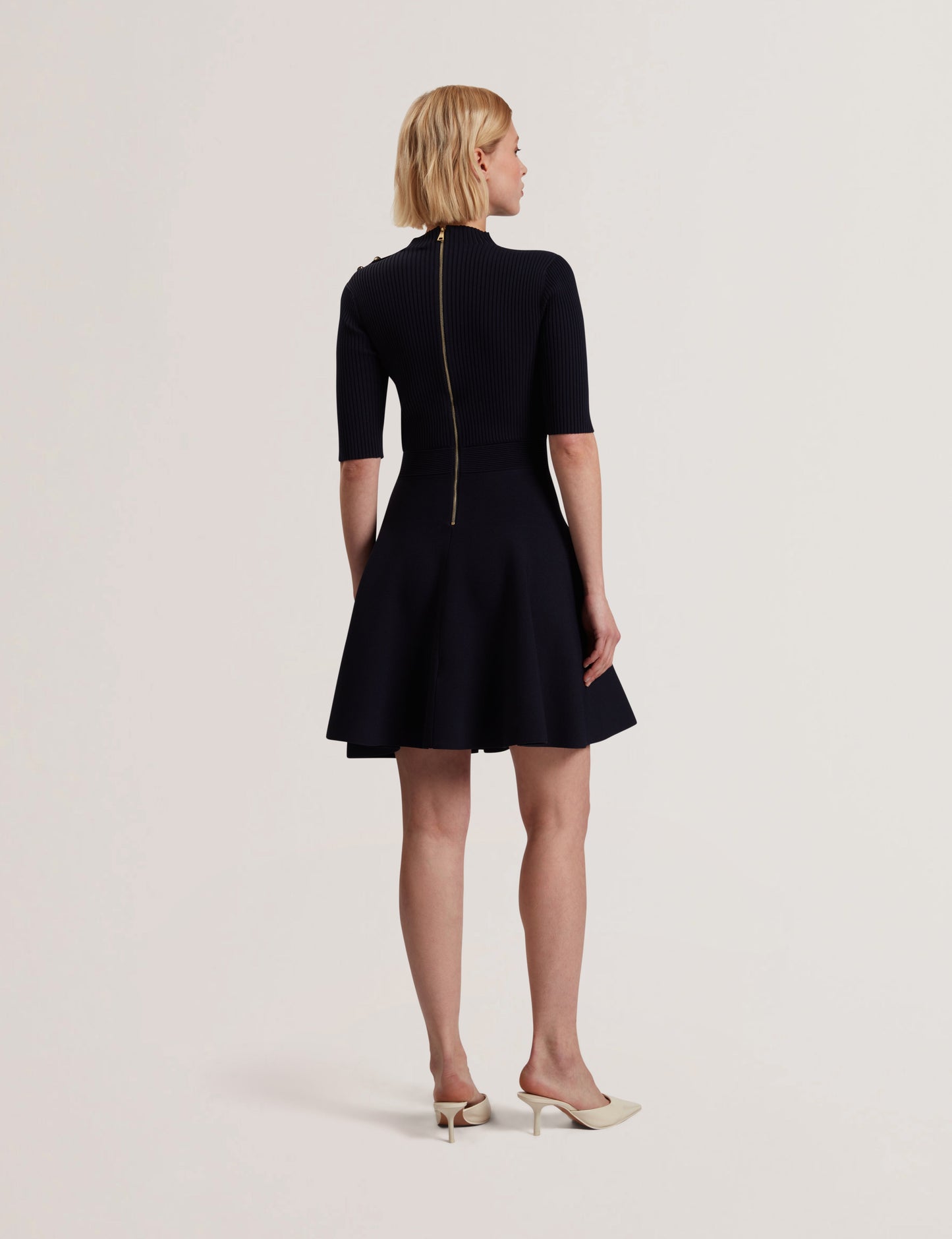 Women's LILANO-Ribbed Knit Button Detail Skater Dress Navy