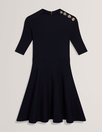 Women's LILANO-Ribbed Knit Button Detail Skater Dress Navy