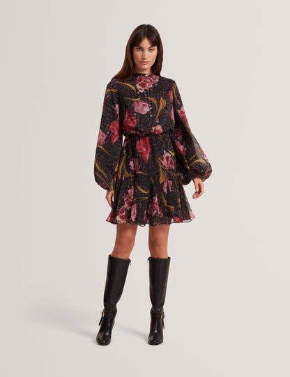 ENDRINA: Long Sleeve Printed Midi Dress