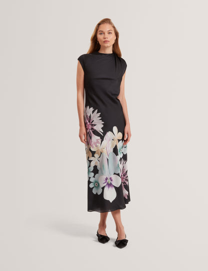 DEMITA: Printed Short Sleeve Draped Neck Midi Dress