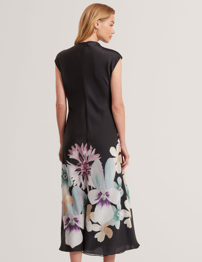 DEMITA: Printed Short Sleeve Draped Neck Midi Dress