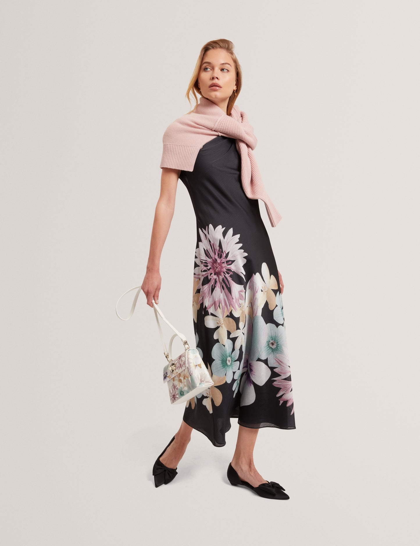 DEMITA: Printed Short Sleeve Draped Neck Midi Dress
