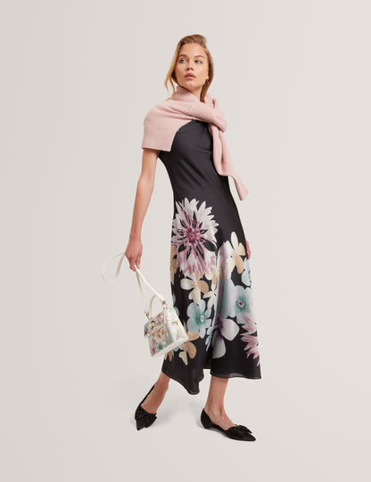 DEMITA: Printed Short Sleeve Draped Neck Midi Dress