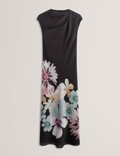 DEMITA: Printed Short Sleeve Draped Neck Midi Dress