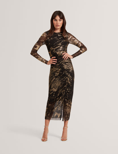 NOHAA: Foil Printed Long Sleeve Mesh Bodycon Dress