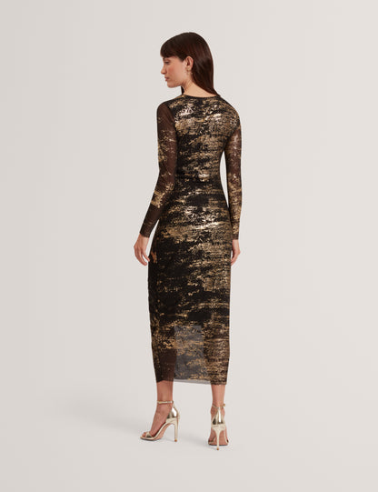 NOHAA: Foil Printed Long Sleeve Mesh Bodycon Dress