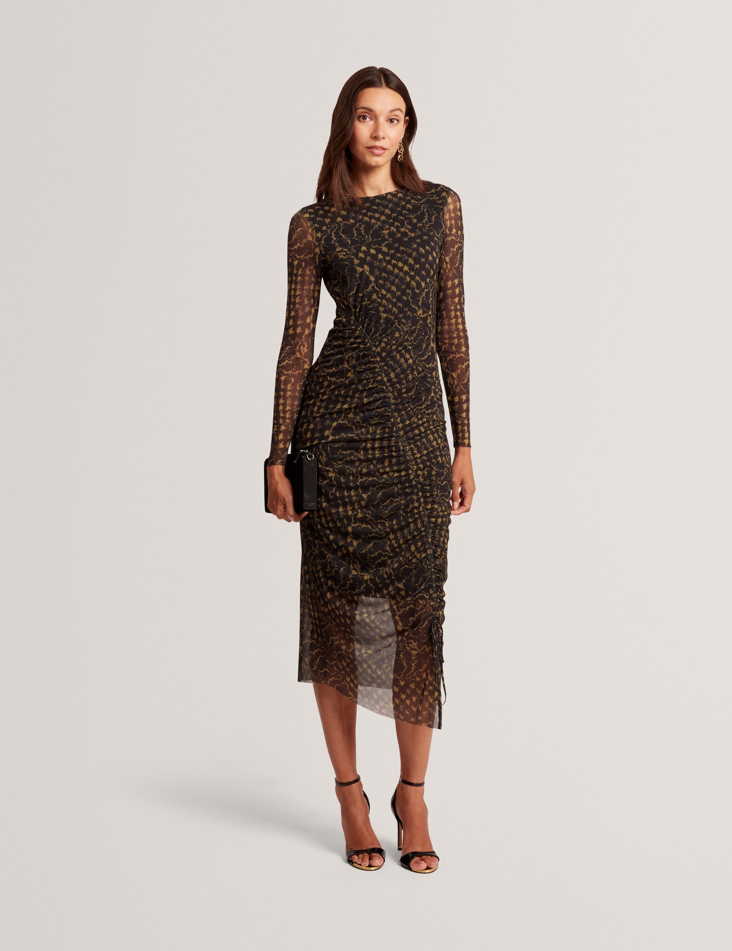 MAEMII: Ruched Mesh Midi Dress With Split