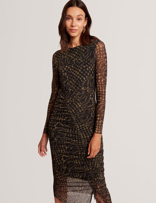 MAEMII: Ruched Mesh Midi Dress With Split
