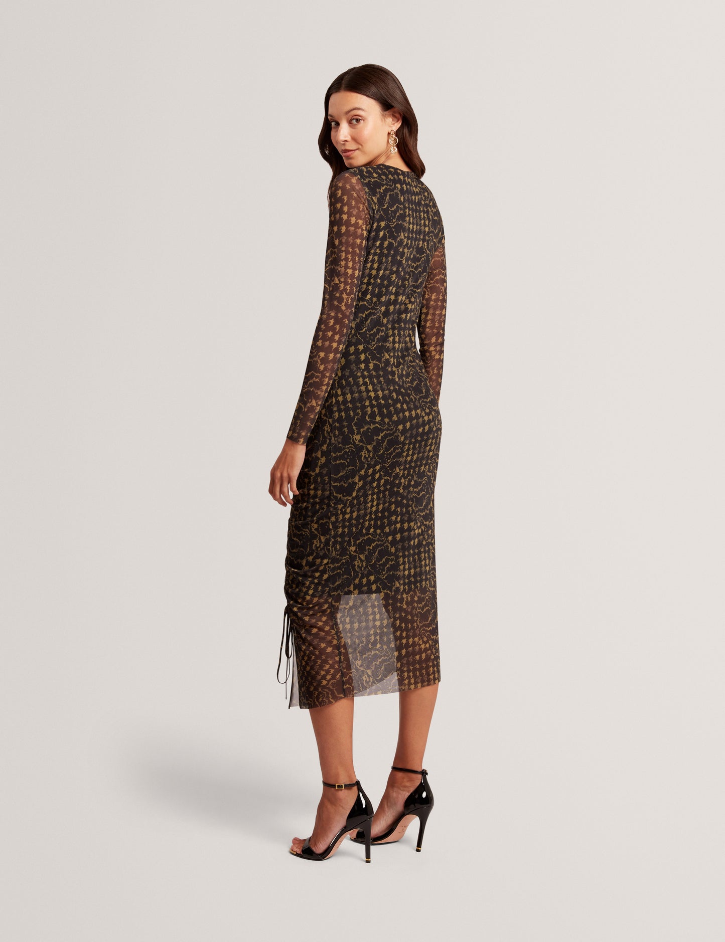 MAEMII: Ruched Mesh Midi Dress With Split