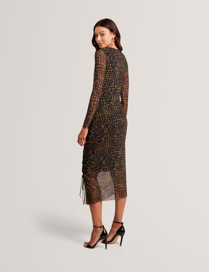 MAEMII: Ruched Mesh Midi Dress With Split