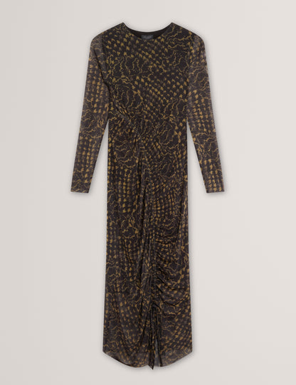 MAEMII: Ruched Mesh Midi Dress With Split