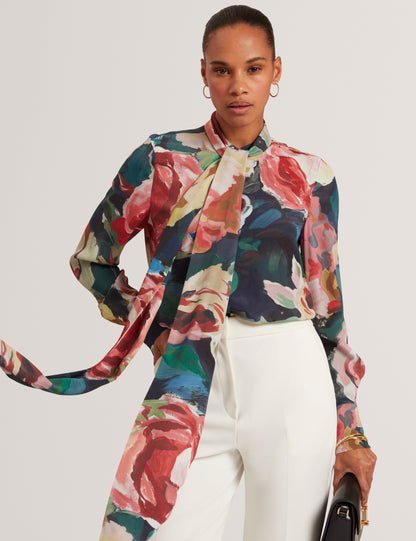 ARAGA: Tie Neck Printed Long Sleeve Shirt