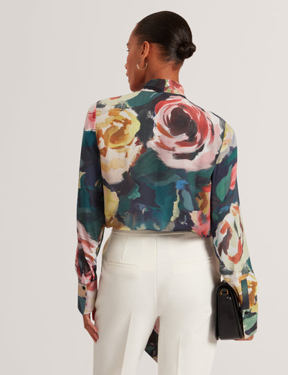 ARAGA: Tie Neck Printed Long Sleeve Shirt