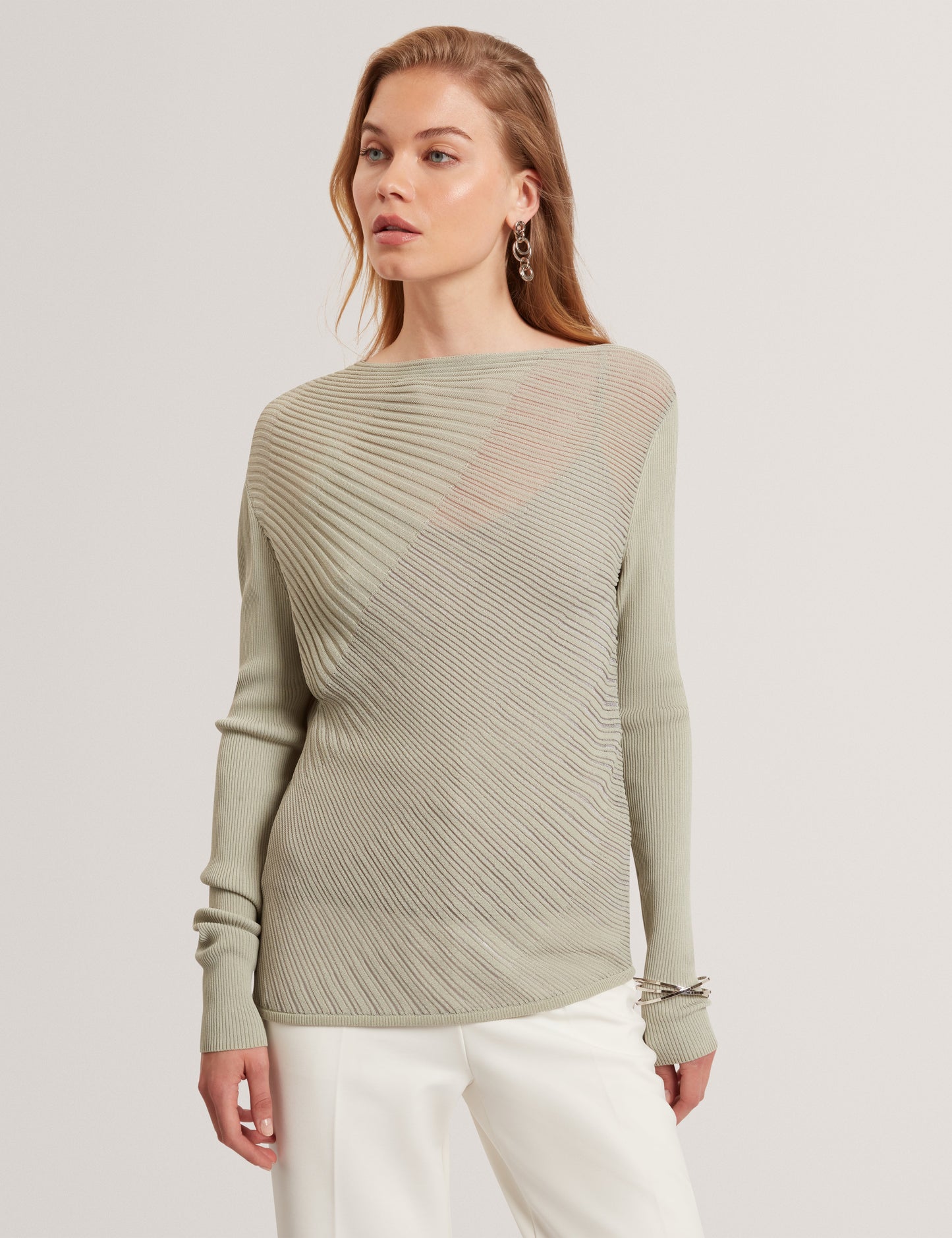 CEYLOAA: Long Sleeve Sheer Detail Knit Top