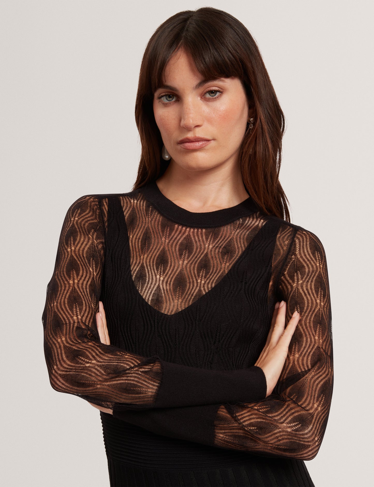 TIIMARA: Pointelle Long Sleeve Knit Midi Dress