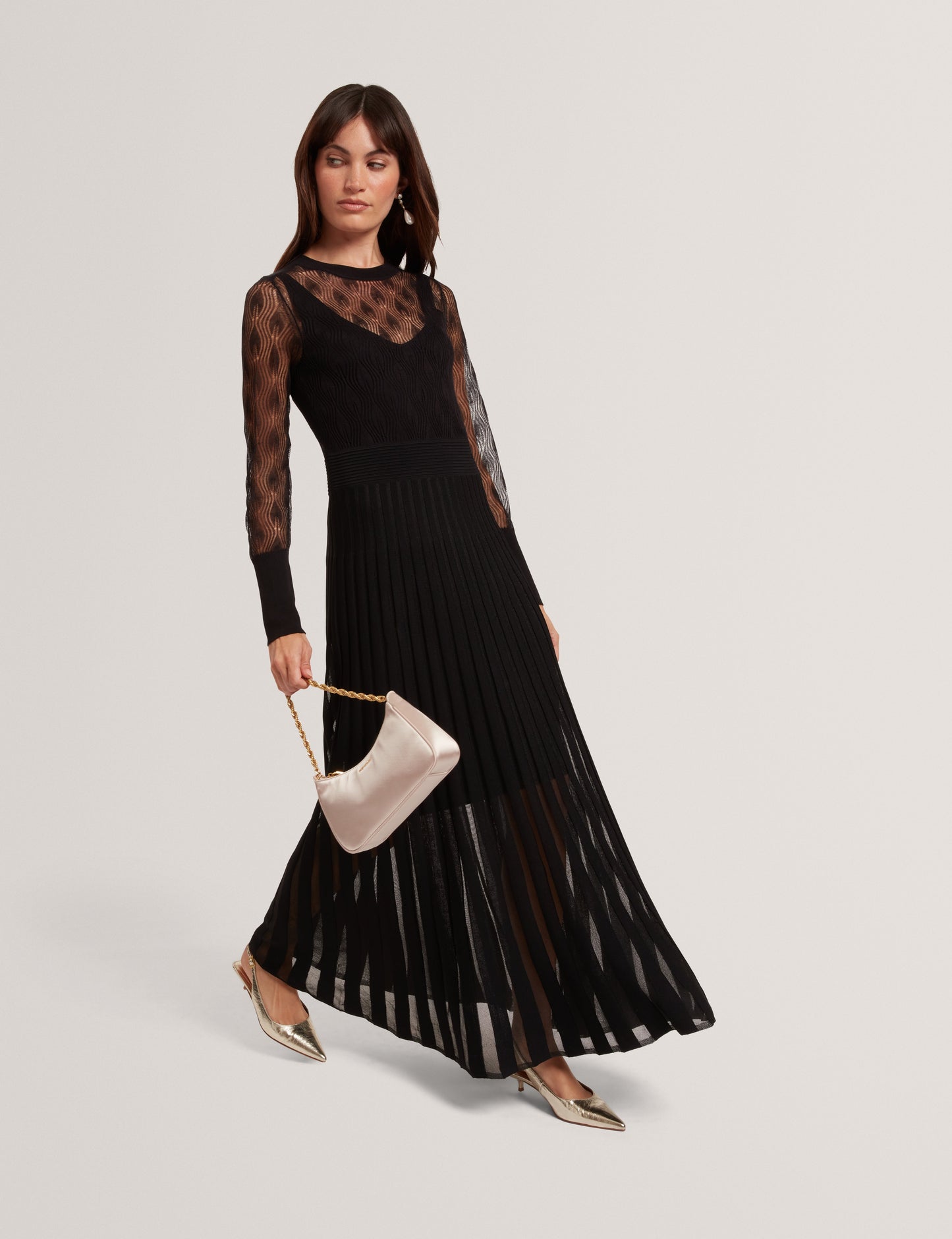 TIIMARA: Pointelle Long Sleeve Knit Midi Dress