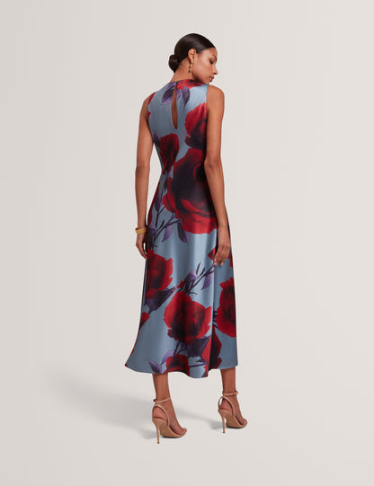 HARRLIA: Printed Draped Neck Midi Dress