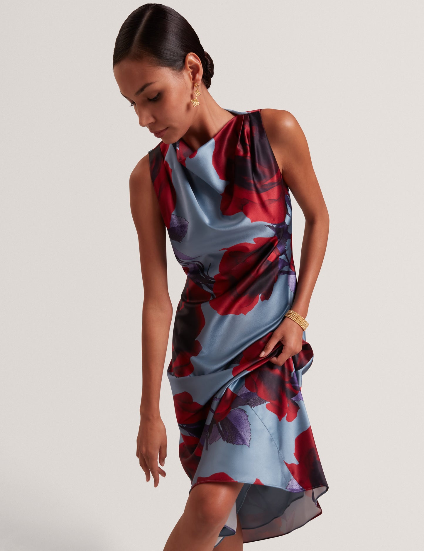 HARRLIA: Printed Draped Neck Midi Dress