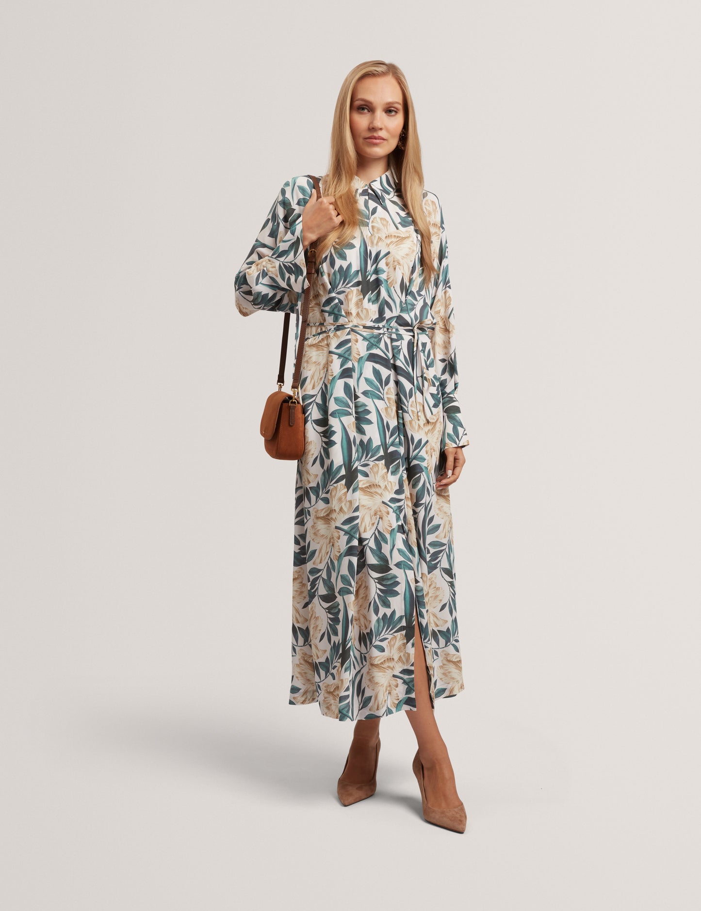RHAEE: Printed Tie Detail Midi Shirt Dress