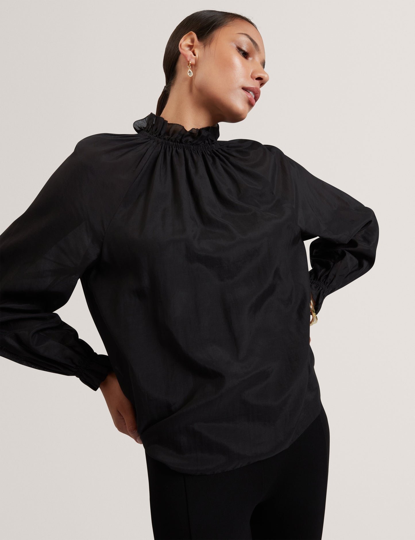 Women's SAMRAA-Gathered Neck Long Sleeve Blouse