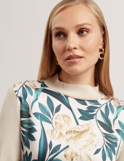 MERRNI: Printed Woven Front Knit Top