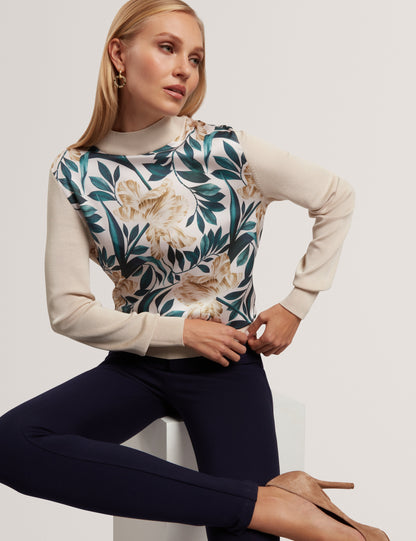 MERRNI: Printed Woven Front Knit Top