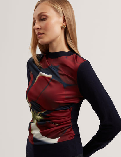 MAWIE: Printed Draped Front Knitted Top