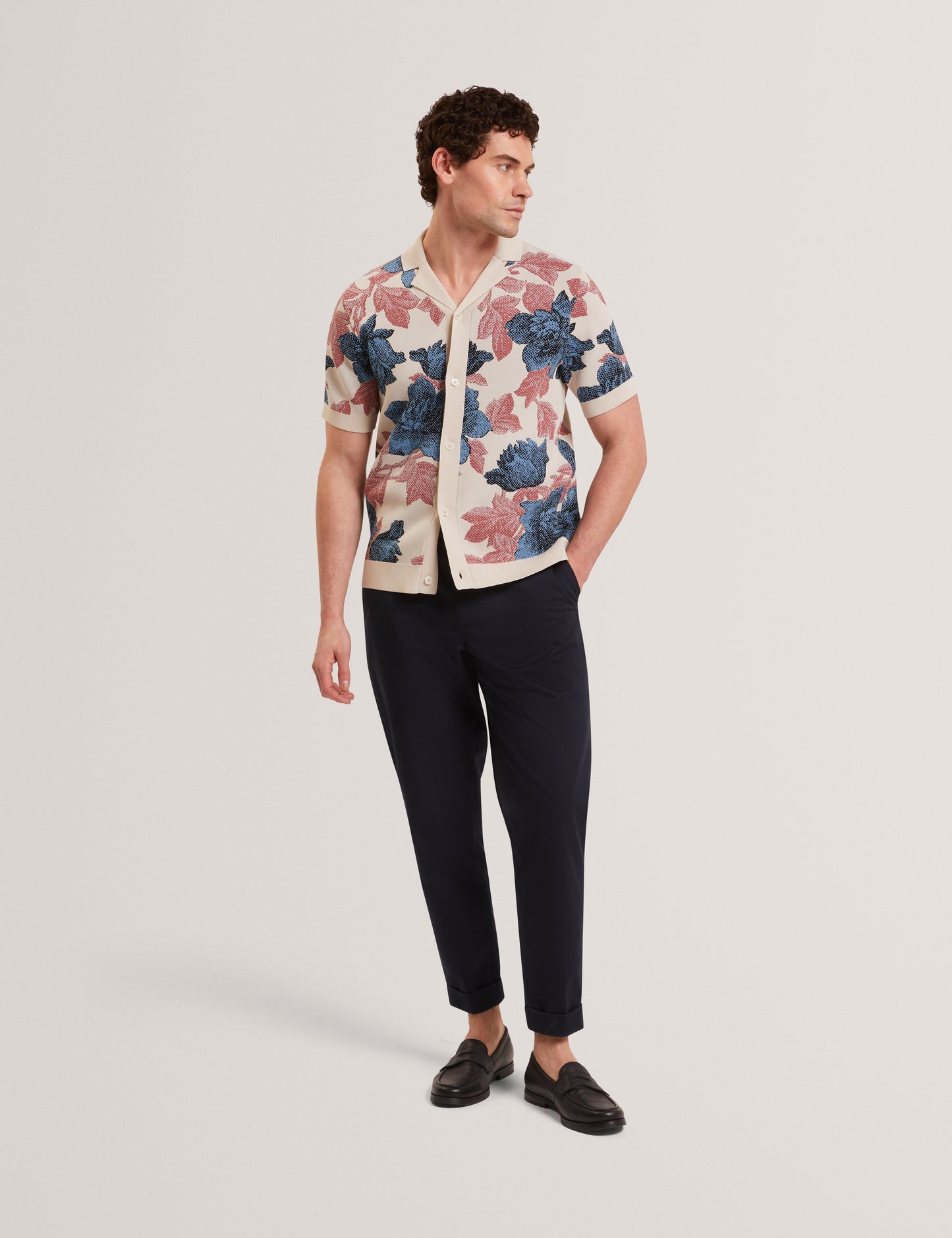 ASHQARA: Ss Relaxed Floral Button Through Polo