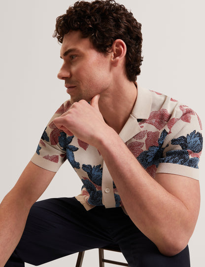 ASHQARA: Ss Relaxed Floral Button Through Polo