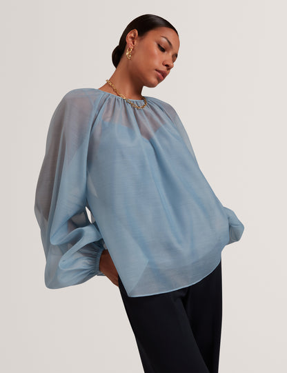 Women's EELANA-Organza Puff Sleeve Blouse