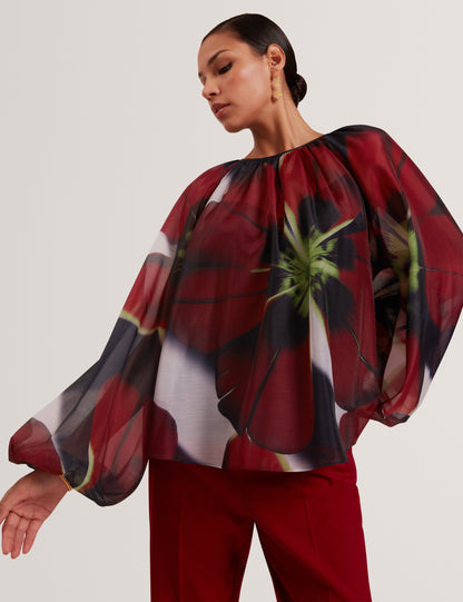 ELAIA: Printed Organza Puff Sleeve Blouse