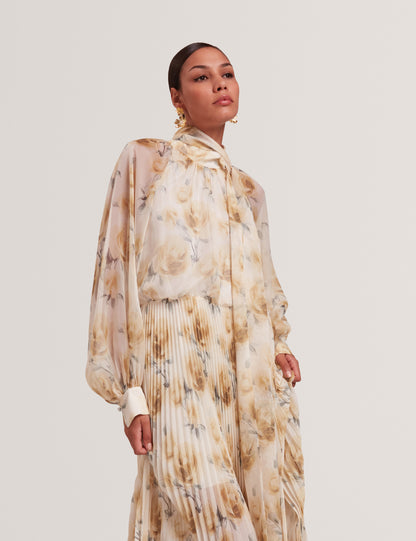PATSIE: Tie Detail Long Sleeve Floral Maxi Dress