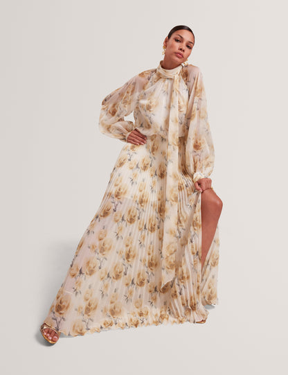 PATSIE: Tie Detail Long Sleeve Floral Maxi Dress