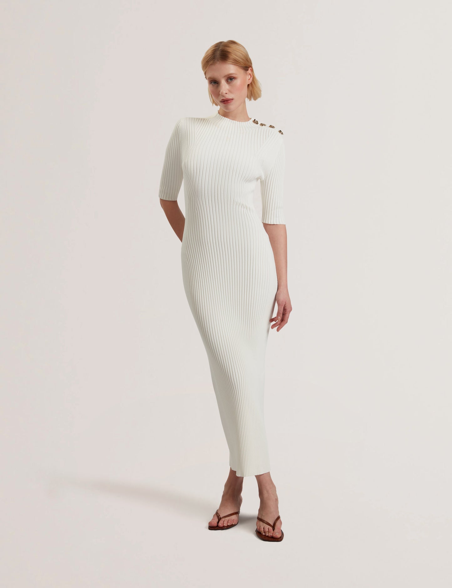 CANDIIC: Ribbed Knit Button Detail Column Dress
