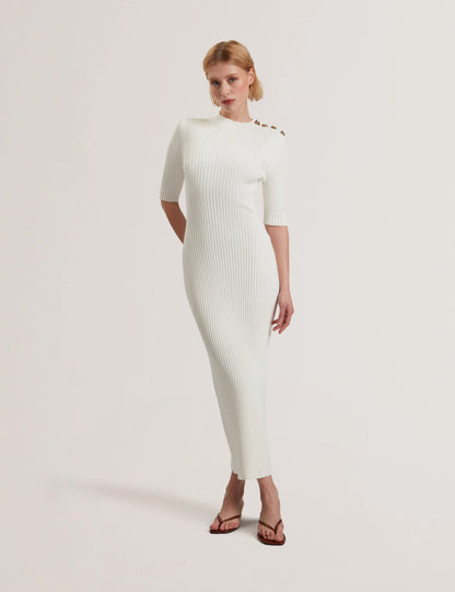 CANDIIC: Ribbed Knit Button Detail Column Dress