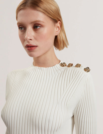 CANDIIC: Ribbed Knit Button Detail Column Dress