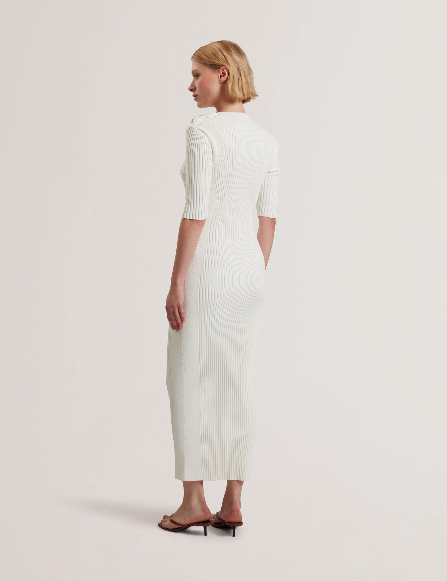CANDIIC: Ribbed Knit Button Detail Column Dress