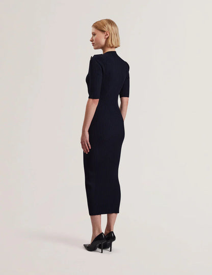 Women's CANDIIC-Ribbed Knit Button Detail Column Dress