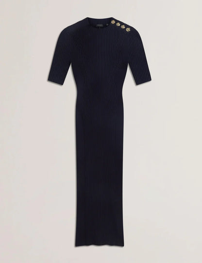 Women's CANDIIC-Ribbed Knit Button Detail Column Dress