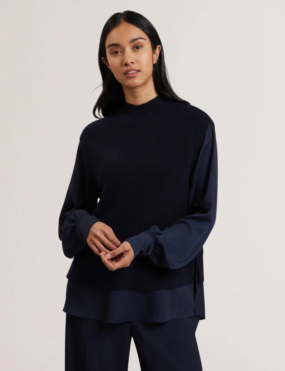 Womens CAYCEY-Woven Sleeve Knitted Jumper