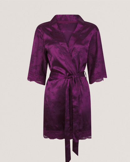 CLARA: Satin Lace Trim Kimono Dressing Gown